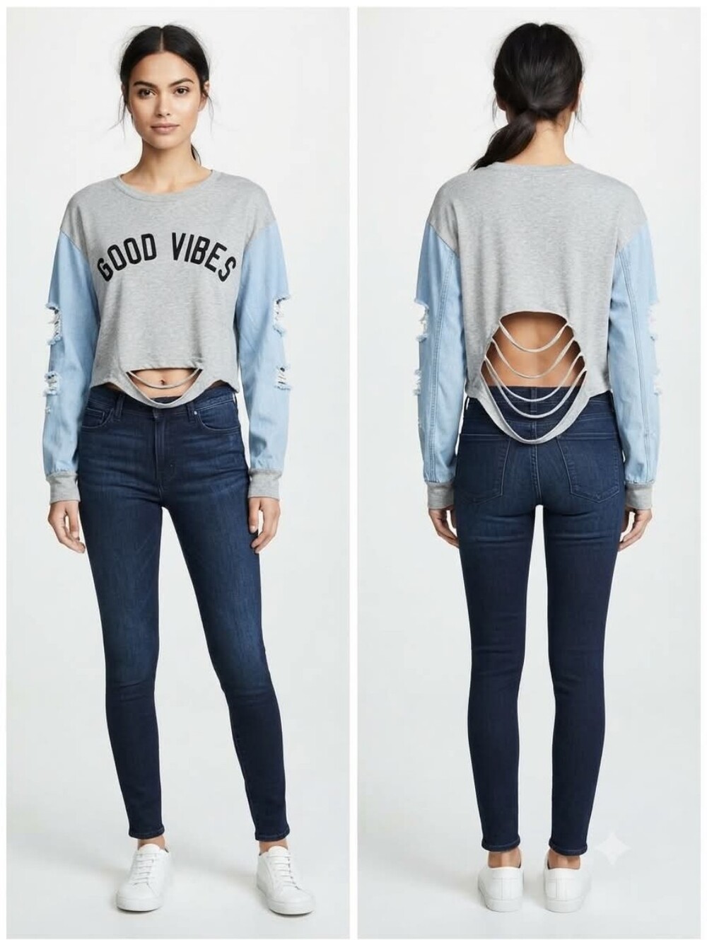 🧨🧨Thrill 94 Top Good Vibes Distressed Denim Sleeve Crop With Open Back Medium